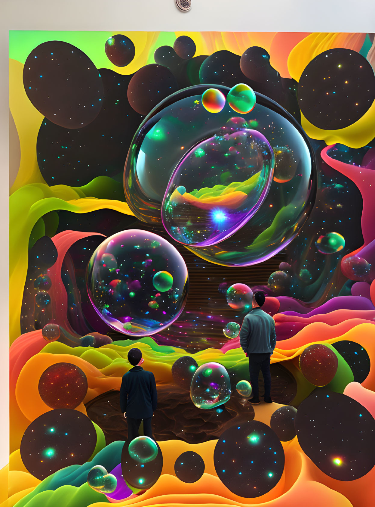 Vibrant cosmic art installation with large reflective spheres