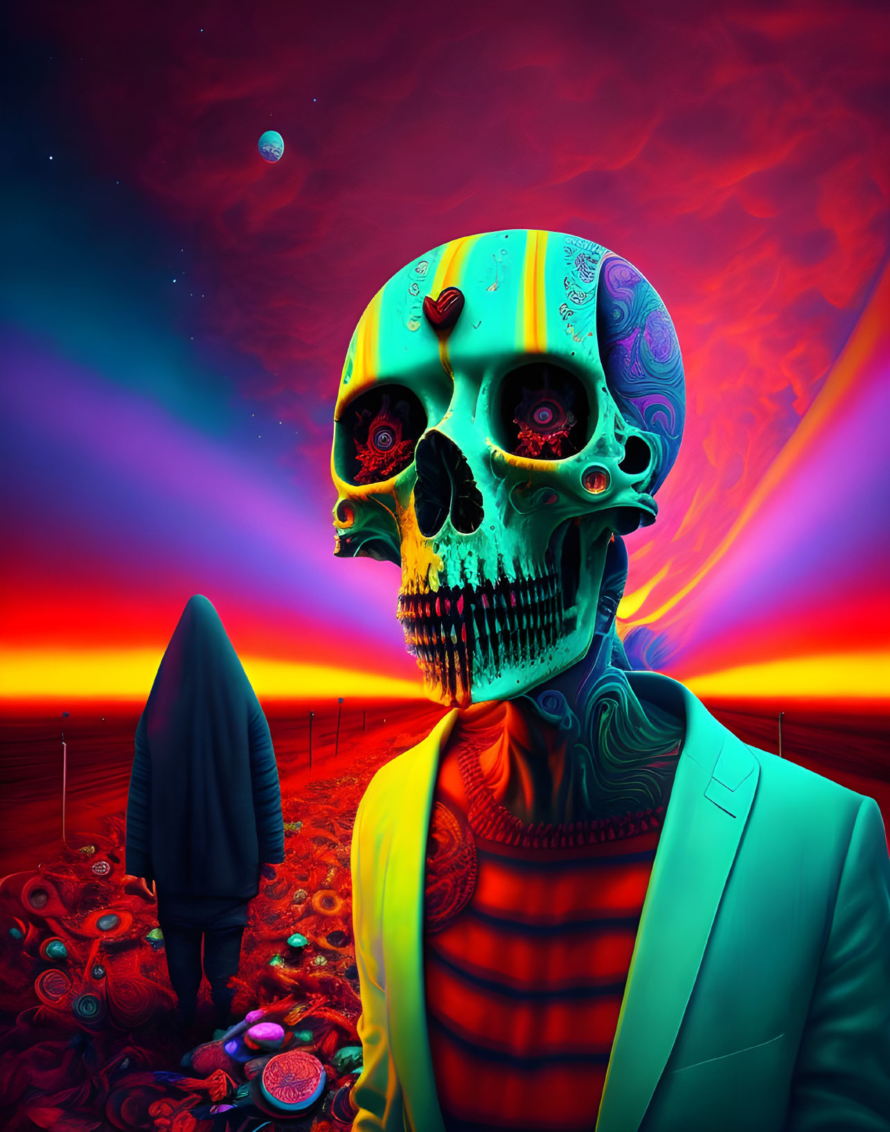 Colorful Skull Artwork in Suit with Surreal Landscape & Figure