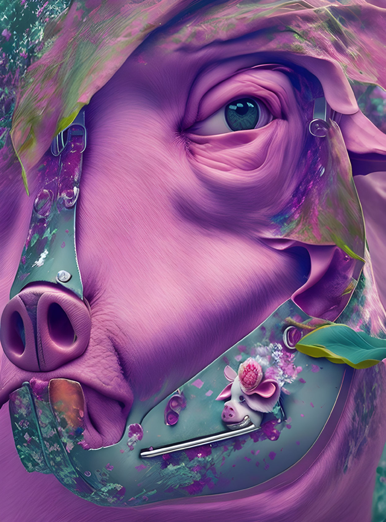 Colorful surreal artwork: pig with gas mask in vibrant swirls, featuring a striking eye.