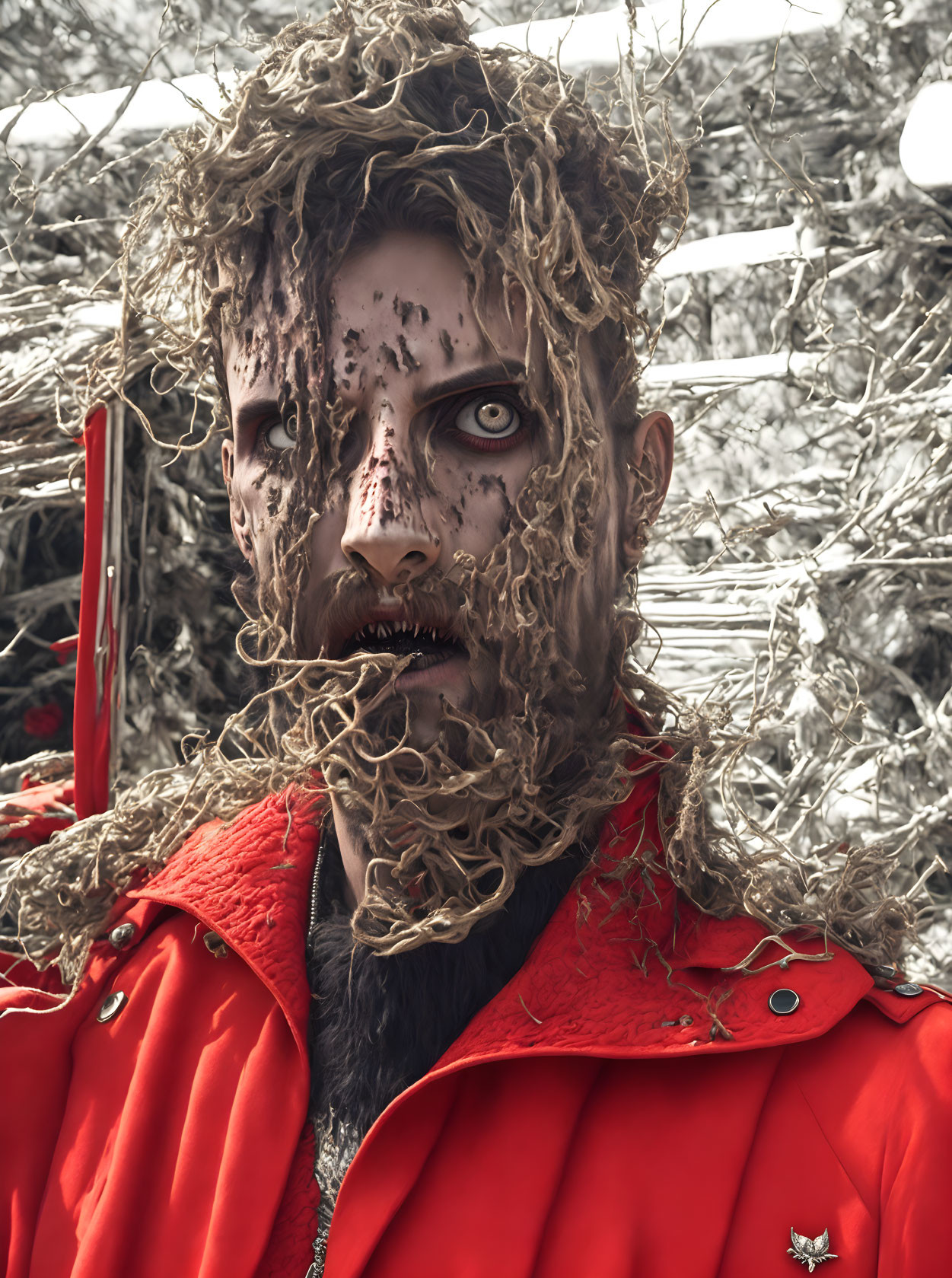 Bearded man with intense eyes covered in mud, wearing red jacket.