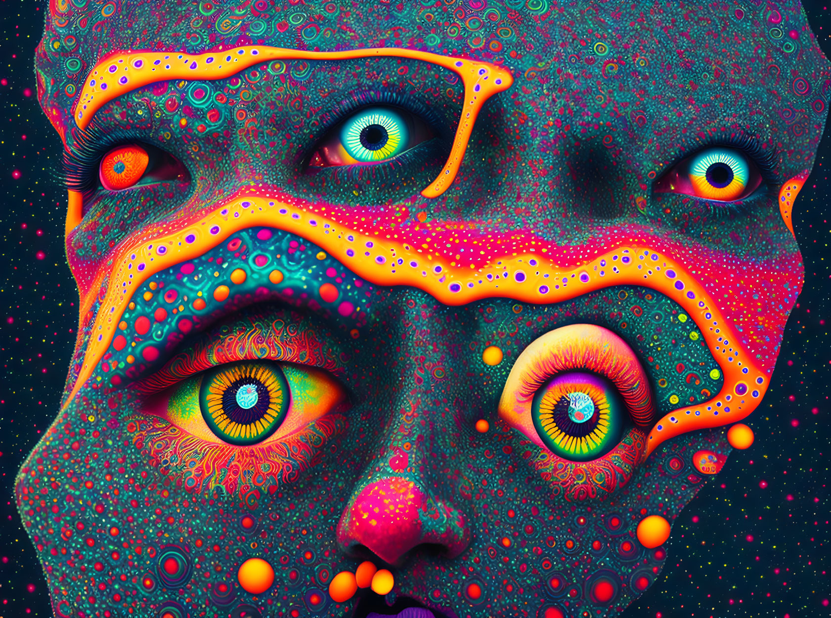 Colorful Psychedelic Face Artwork with Multiple Eyes and Patterns