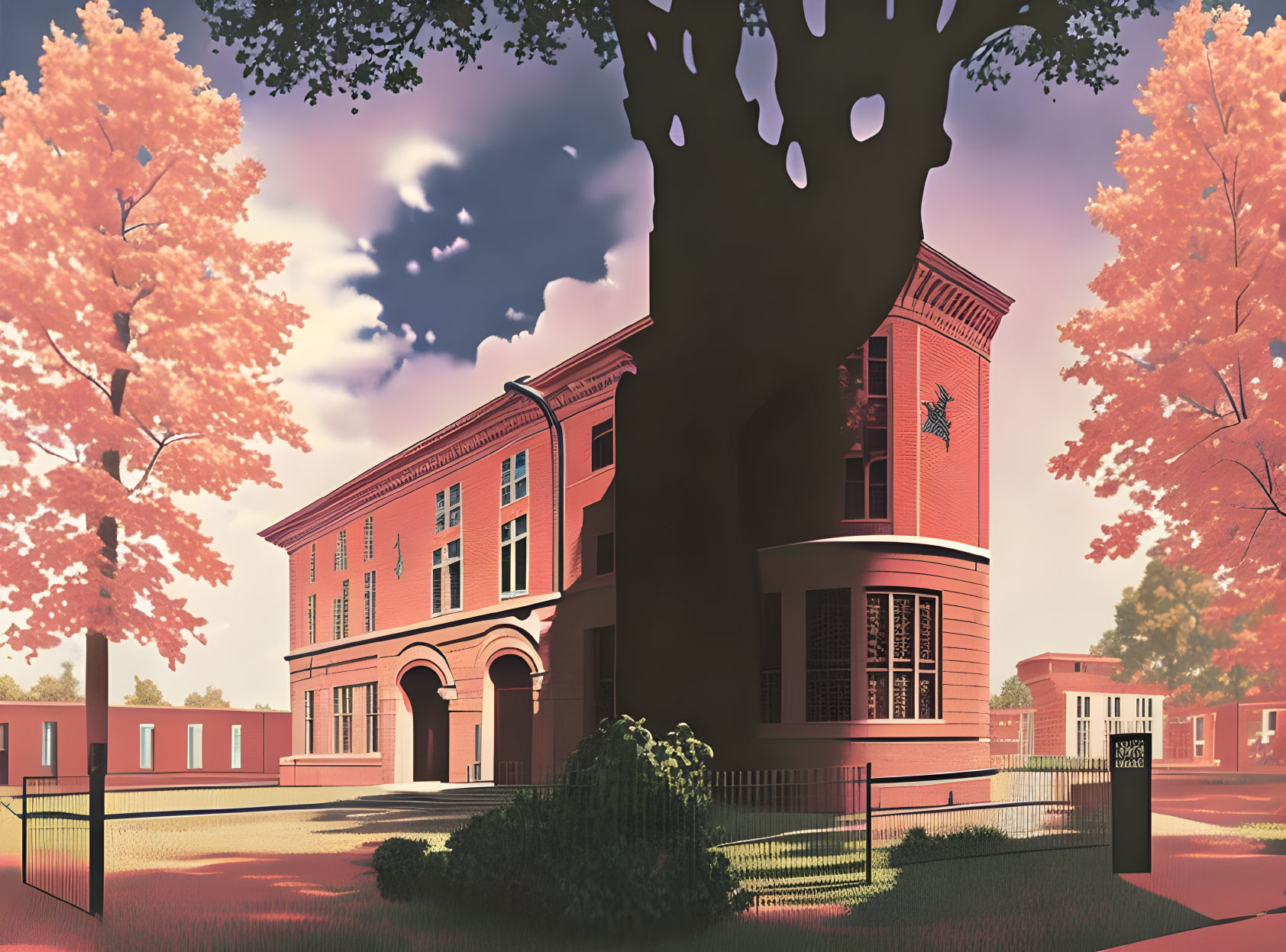 Illustration of red brick school with bell tower and pink trees.