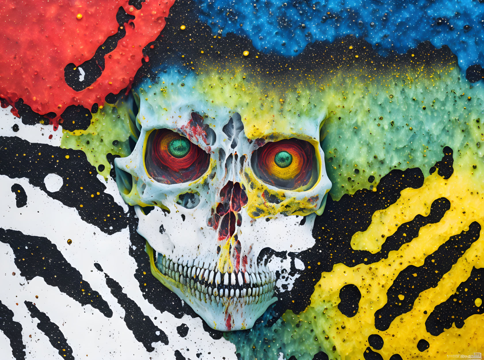 Vibrant colorful skull graffiti with red, yellow, blue, and white splashes on black background