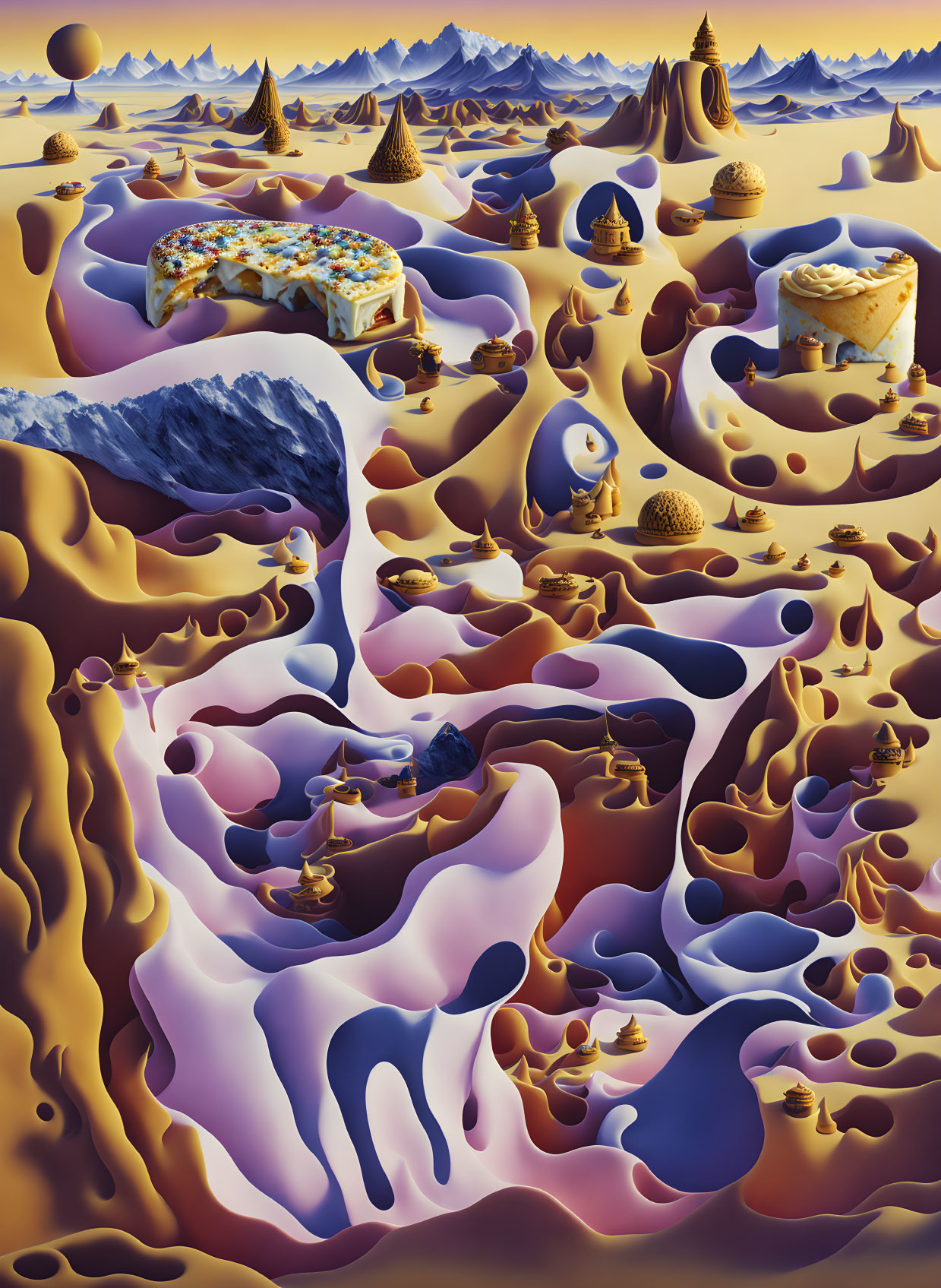 Surreal Landscape: Cake-like Mountains, Melting Details, Liquid Texture