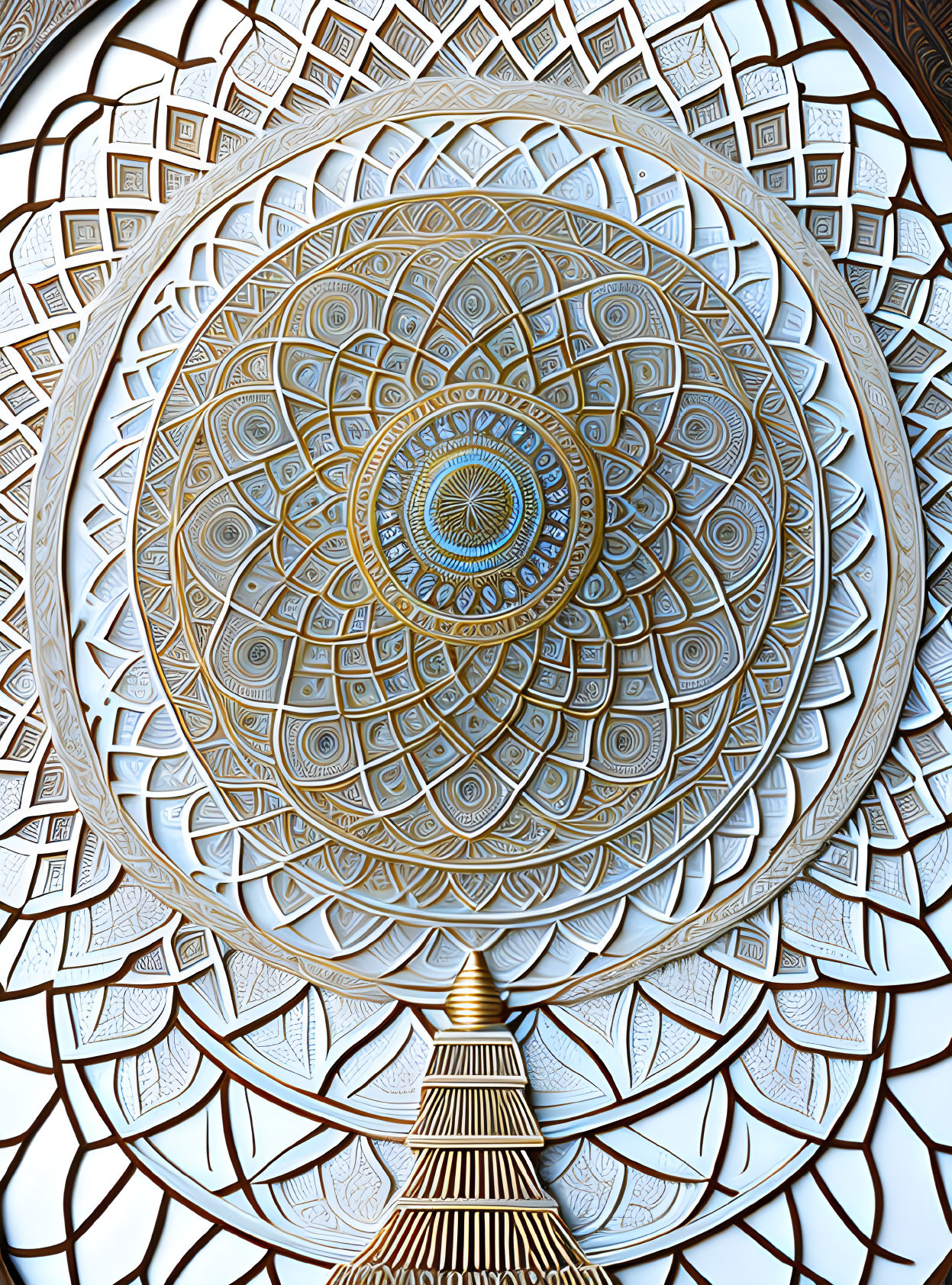 Intricate mandala with geometric patterns above pyramid structure, set against abstract tree shapes