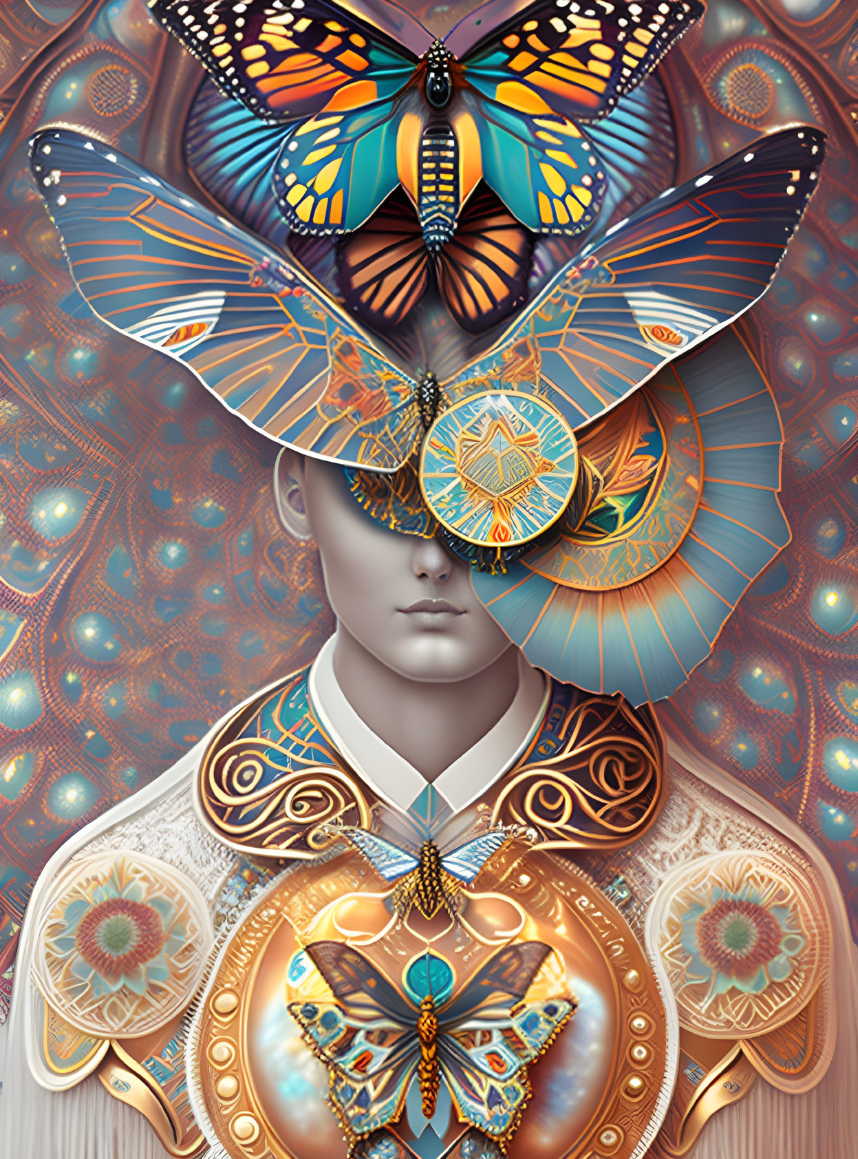 Stylized digital artwork of humanoid figure with butterfly motifs and geometric patterns