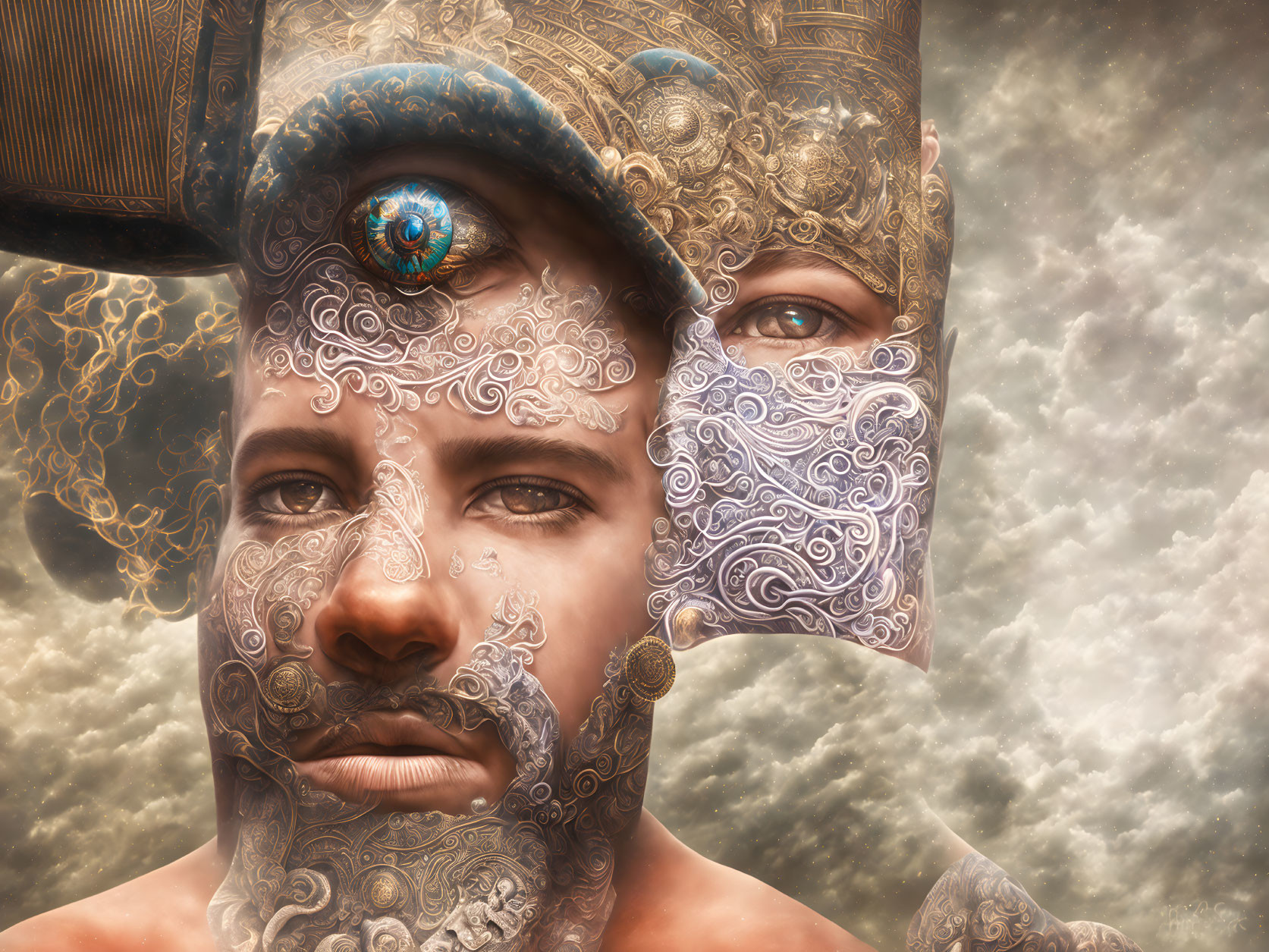 Surreal portrait with human face, metallic elements, cloud textures, ornate eye-piece.