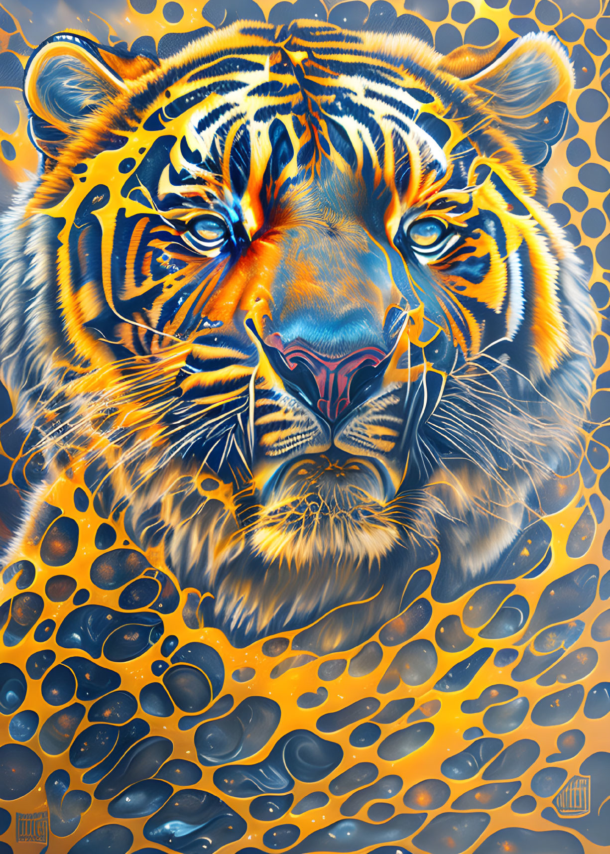 Colorful Tiger Face Artwork with Blue and Orange Hues