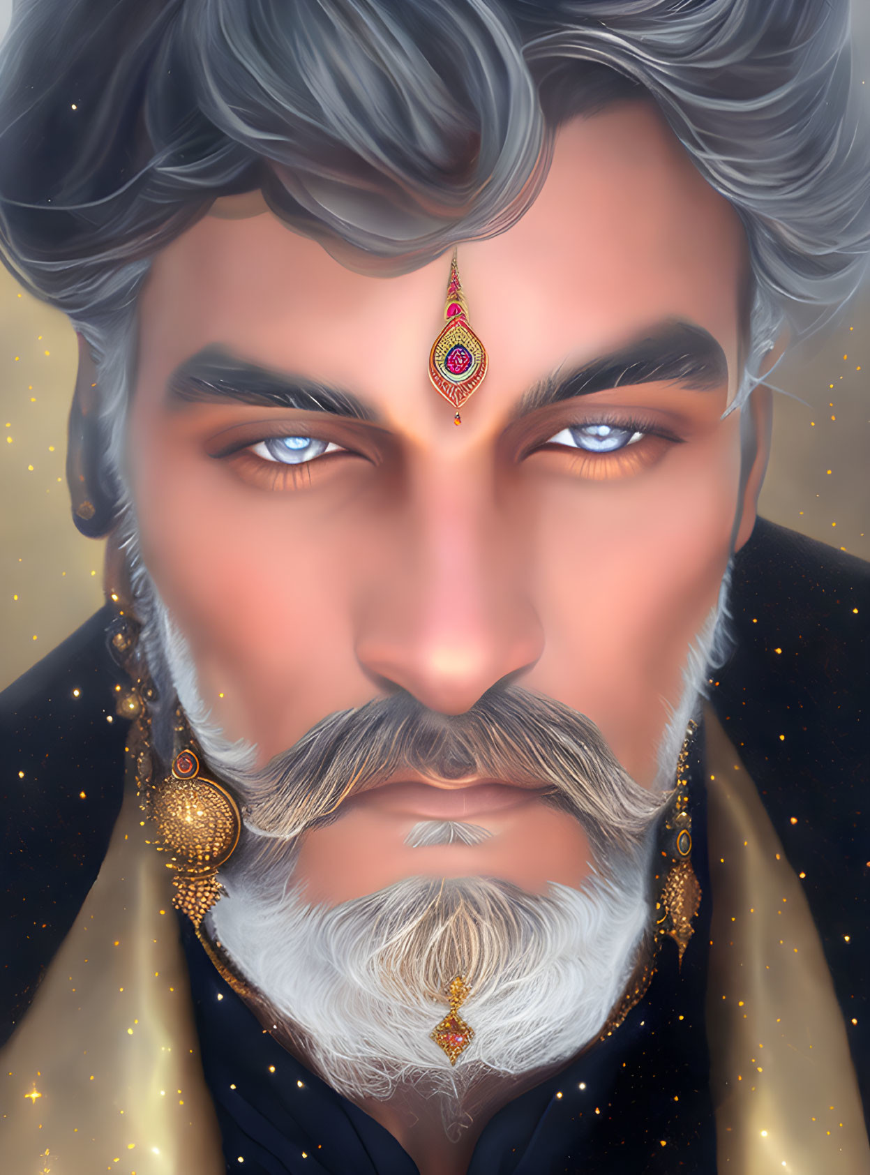 Regal man illustration with blue eyes and ornate jewelry