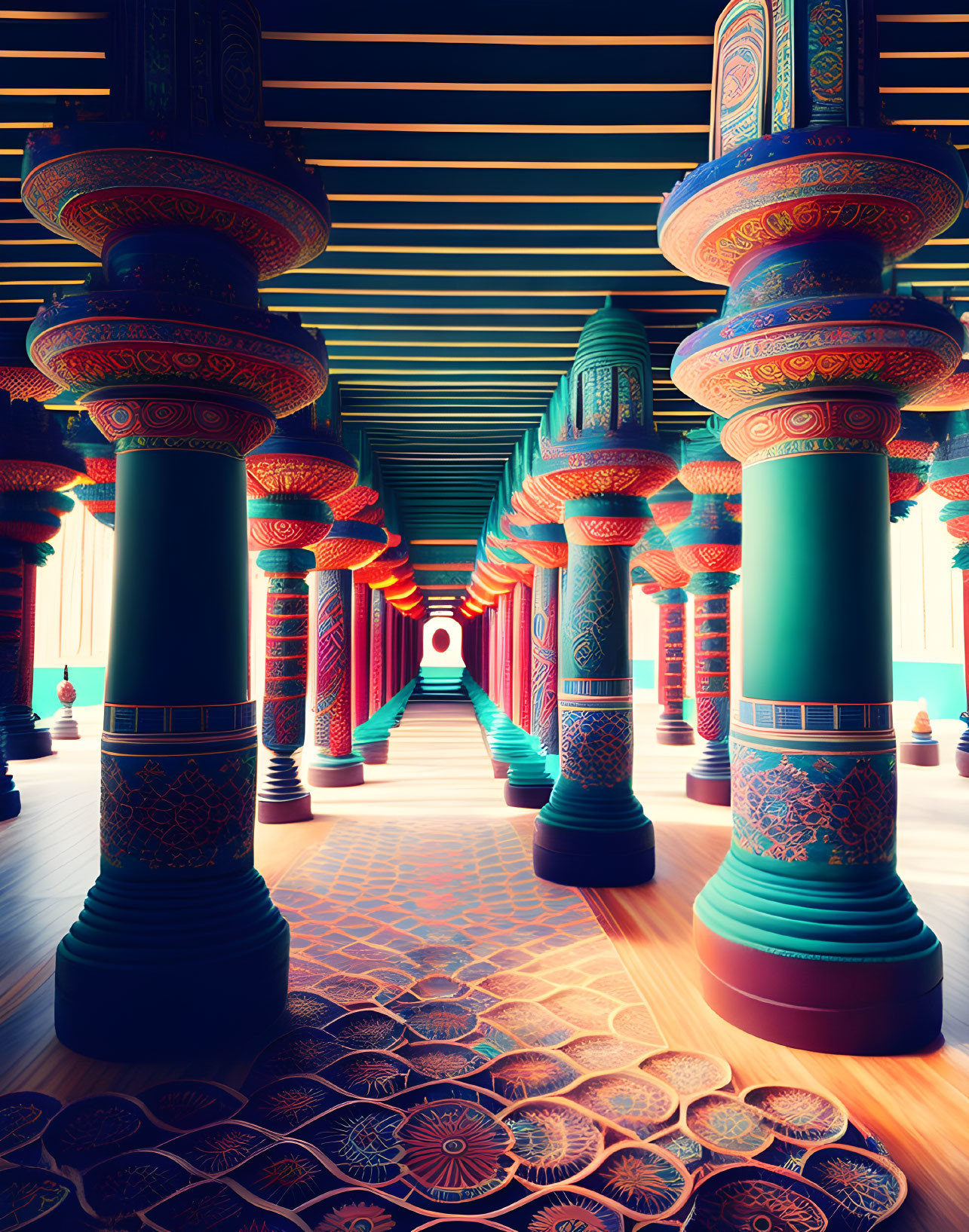 Colorful Pillars and Intricate Patterns in Vibrant Corridor