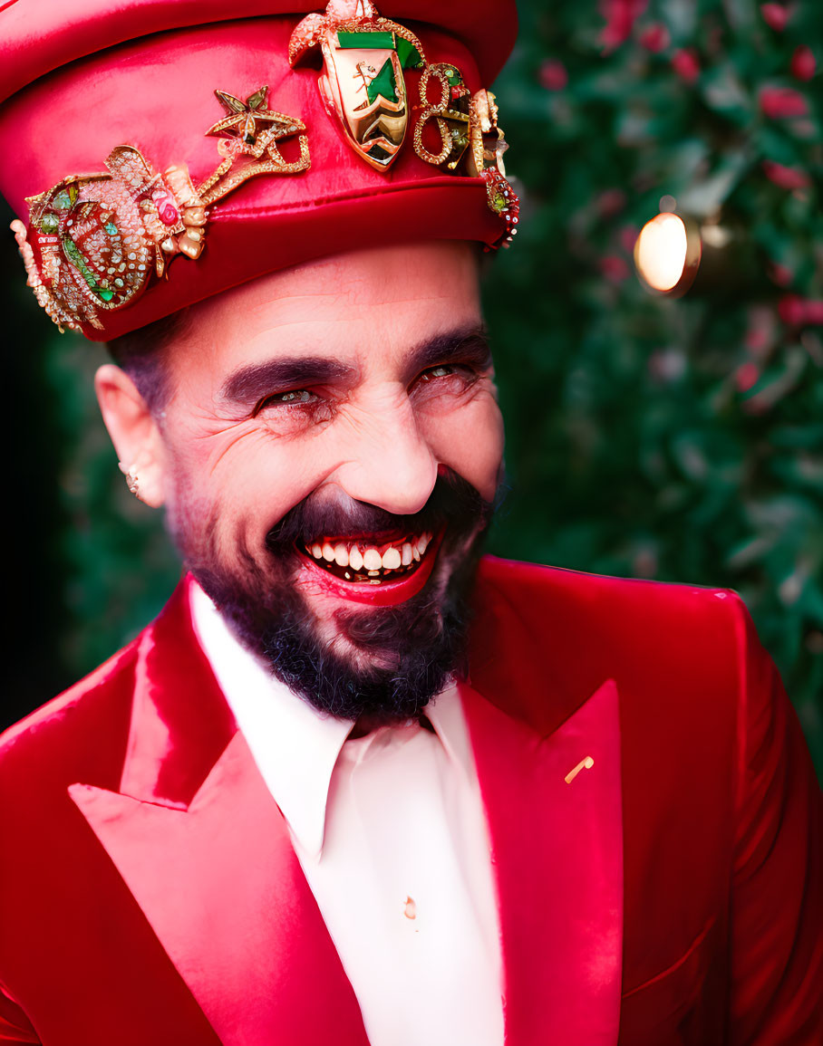 Man in red ornate uniform laughing in front of green foliage