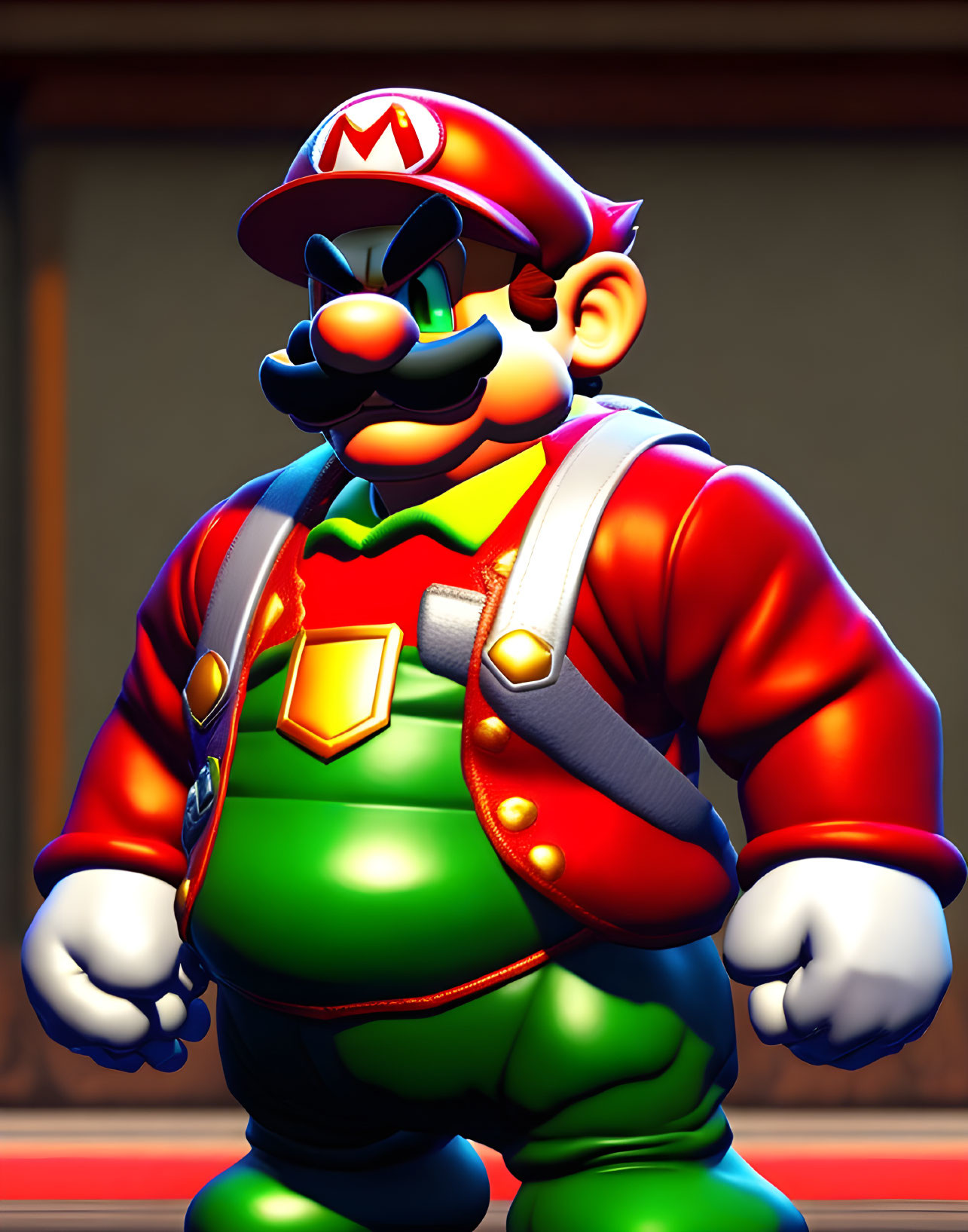 Stout character in red hat and overalls with mustache