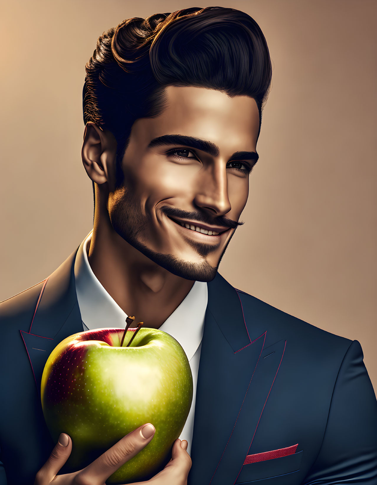 Stylized illustration of confident man with shiny apple in sharp blue suit