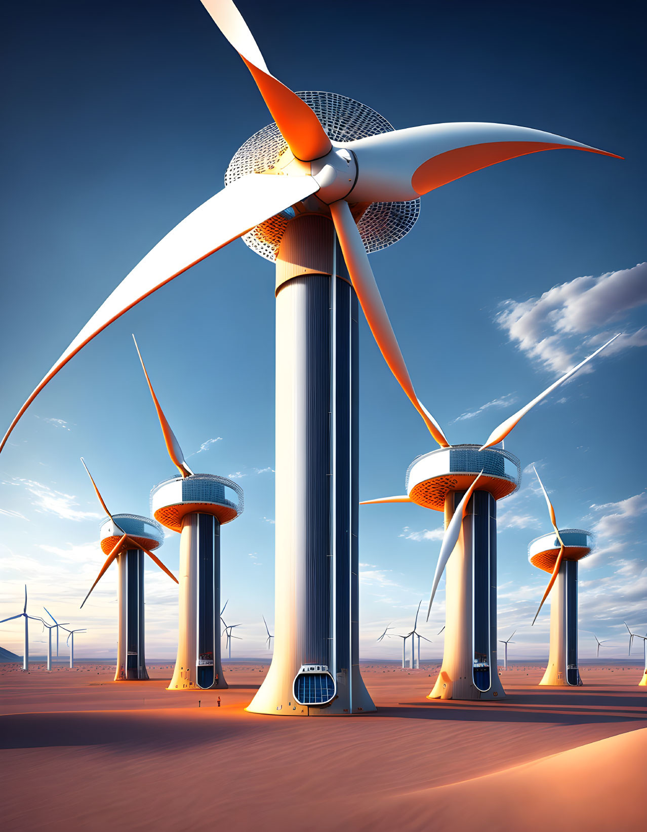 Futuristic wind turbines against clear blue sky