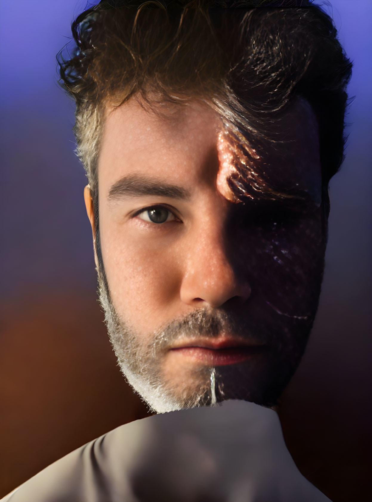 Half-lit portrait of man with dark hair, light stubble, and intense gaze.