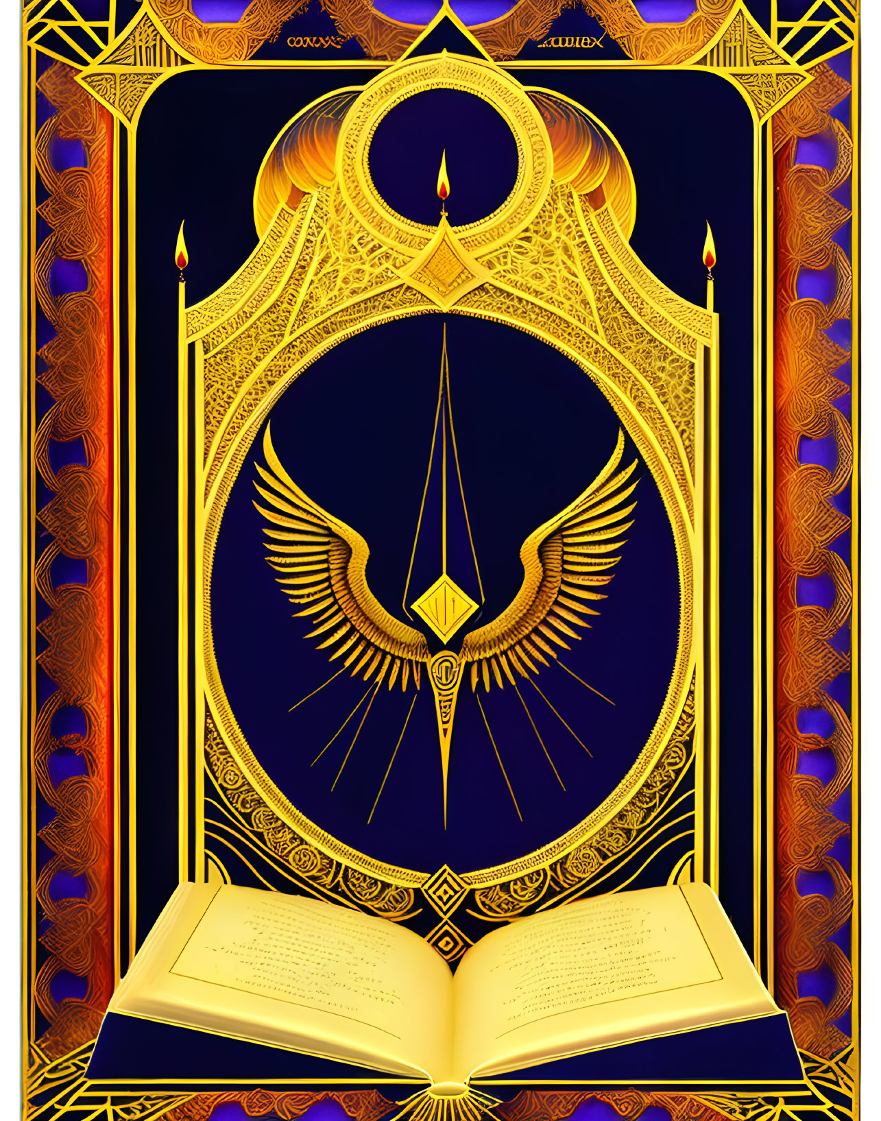 Golden Art Deco Frame Surrounding Blue Space with Winged Emblem and Open Book