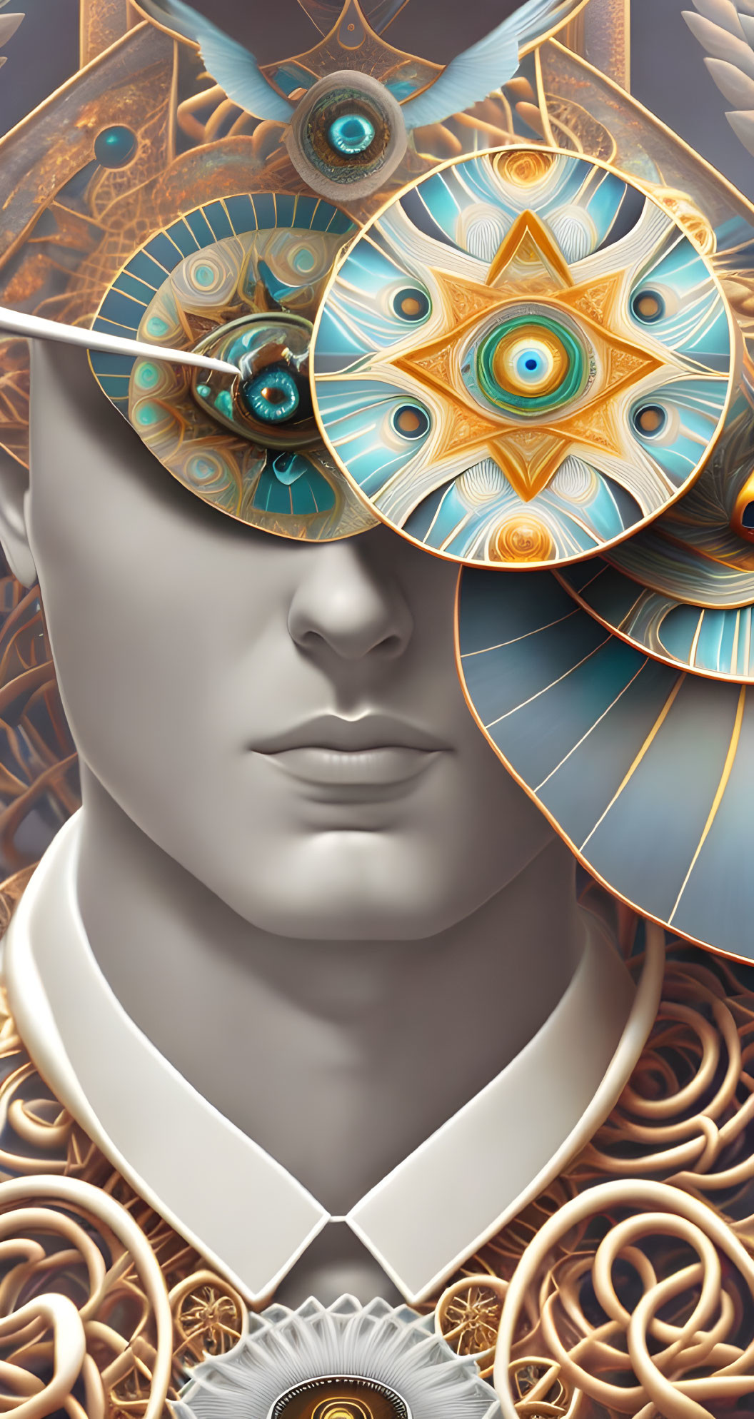 Intricate Artwork of Neutral Face with Eye-Patterned Gears