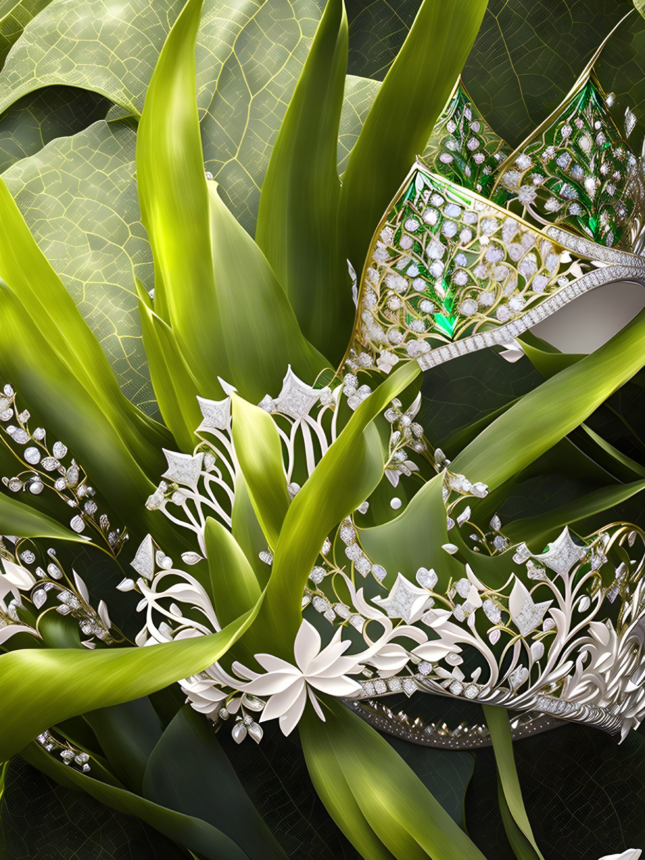 Silver tiara with floral motifs and gemstones on green leaves with golden geometric background