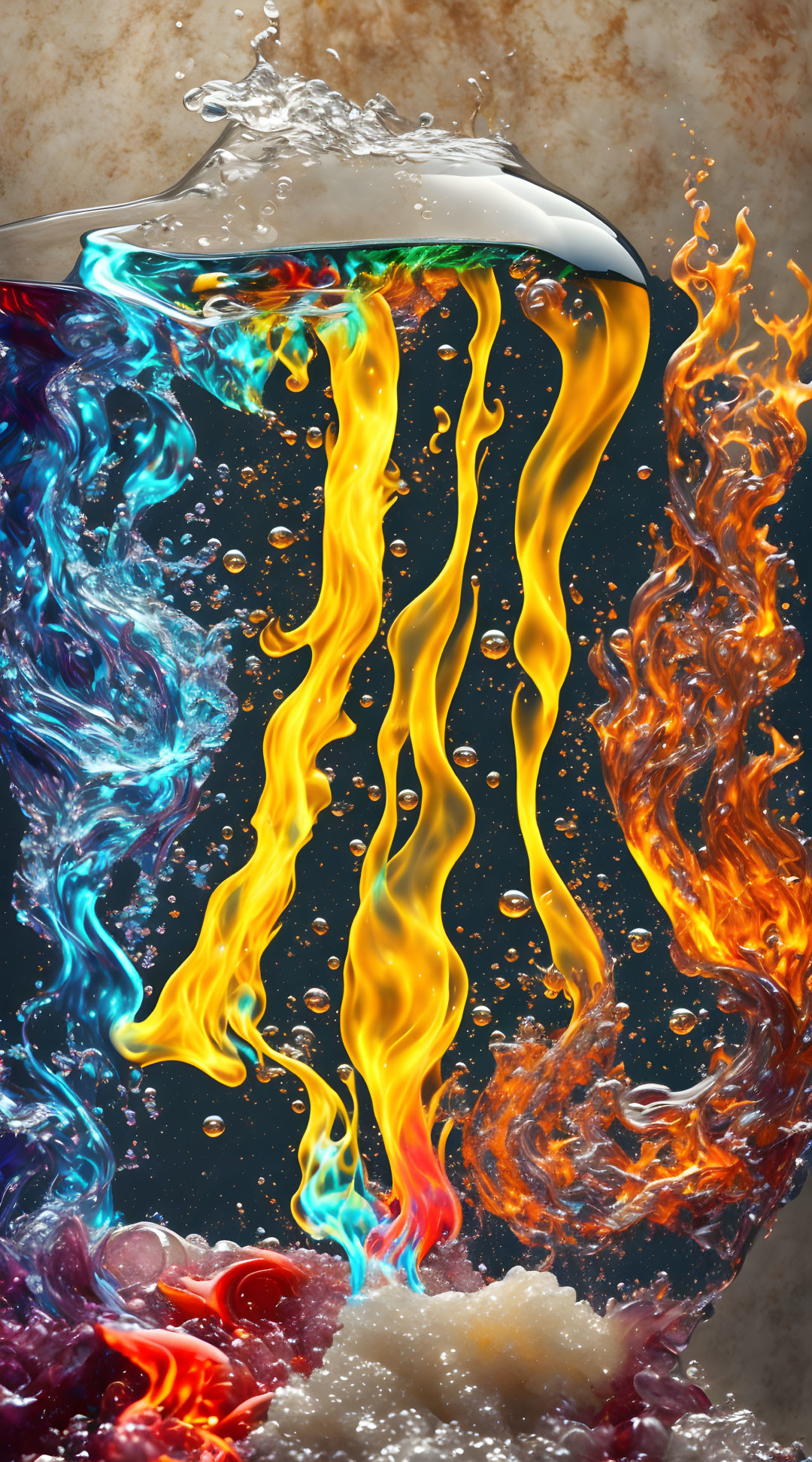 Colorful digital artwork: Glasses clinking with fire and water elements