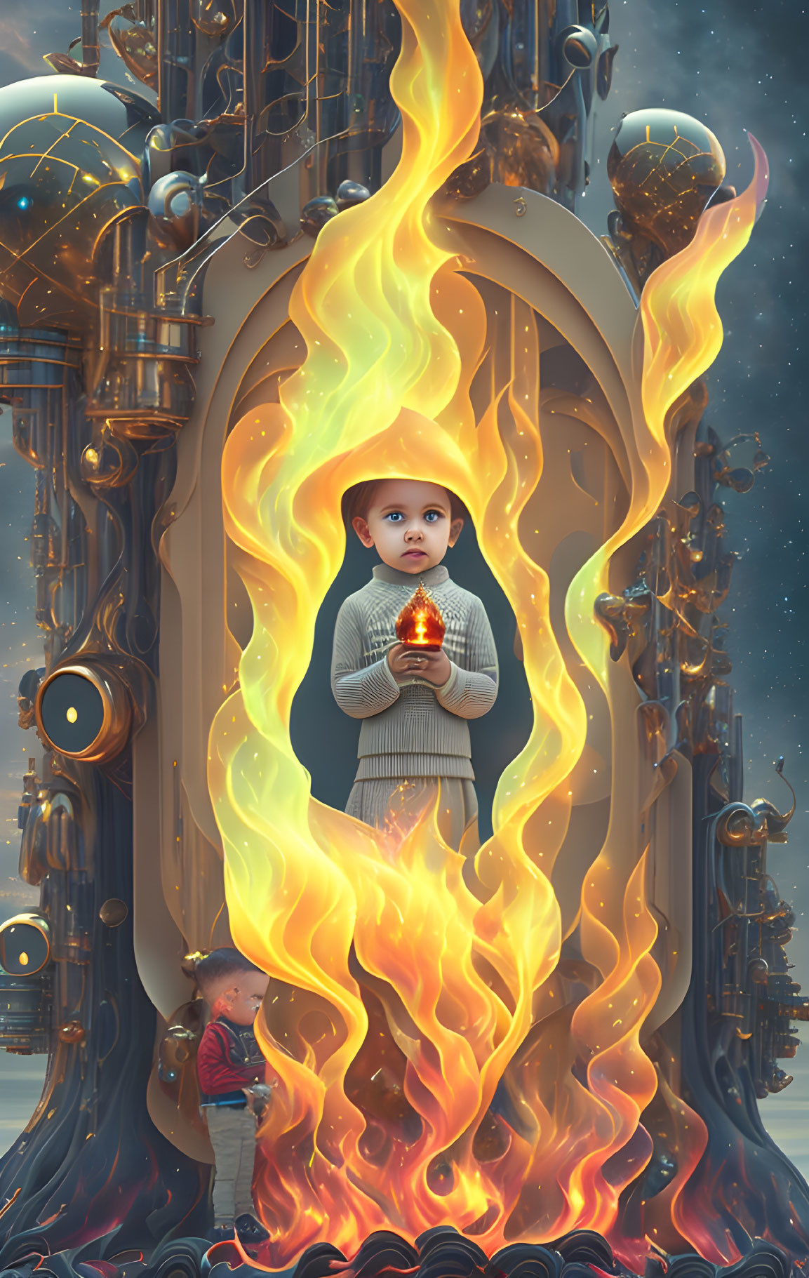 Child in sweater with glowing orb surrounded by flames, another amidst ornate machinery under starlit sky