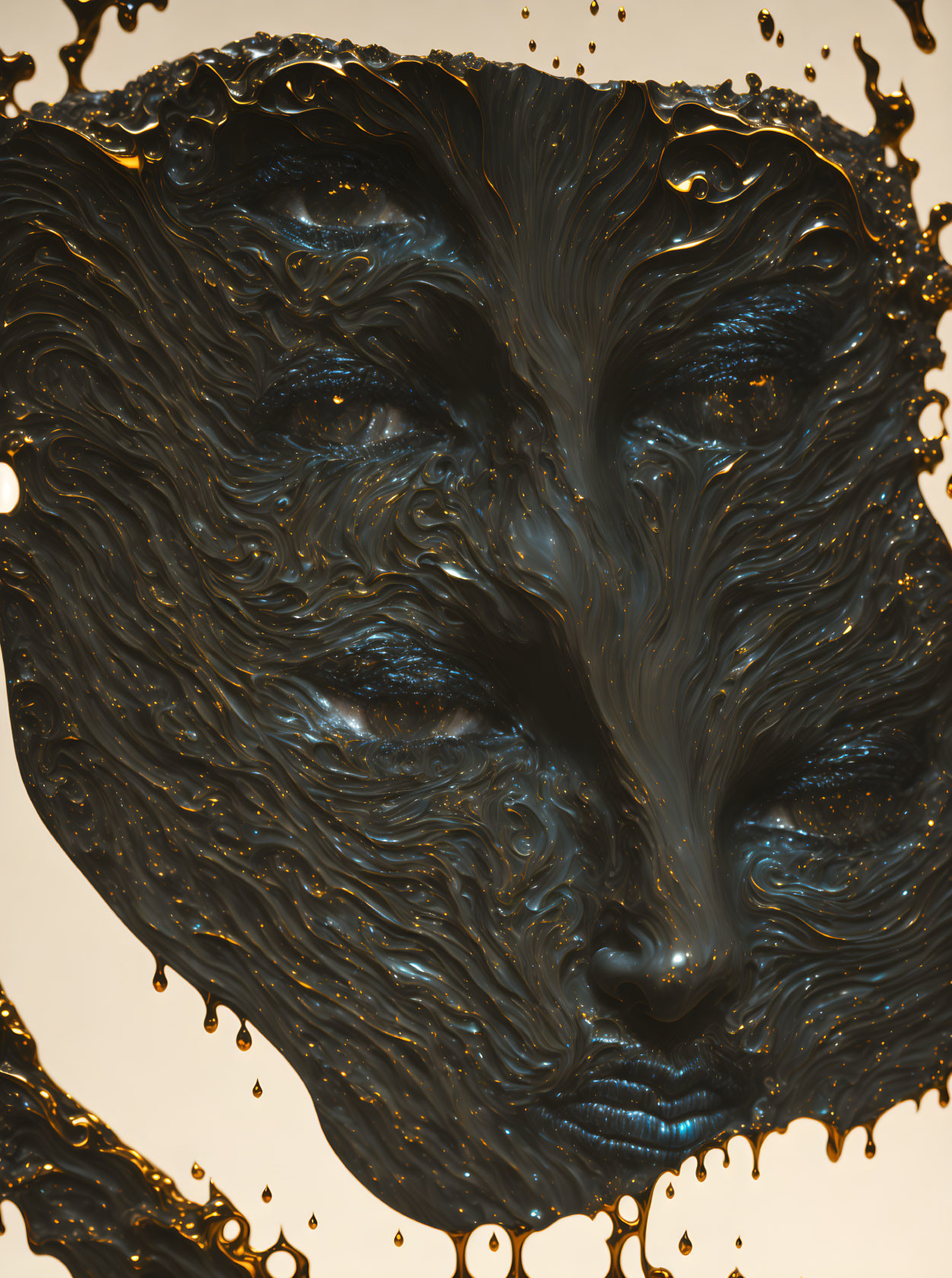 Textured metallic liquid sculpture of human face with splashing droplets on warm background