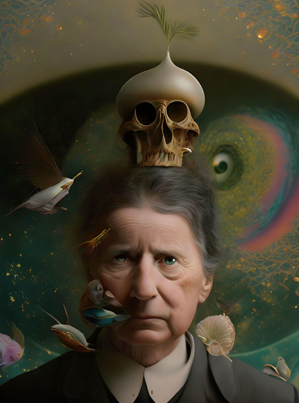 Surreal portrait blending face with skull, onion, birds, and cosmic elements