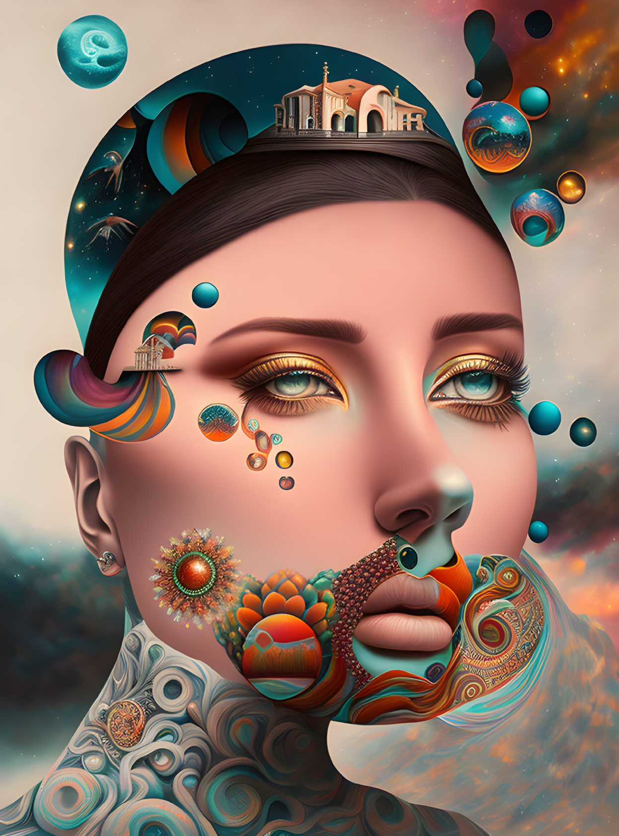 Colorful surreal portrait blending cosmic and architectural elements