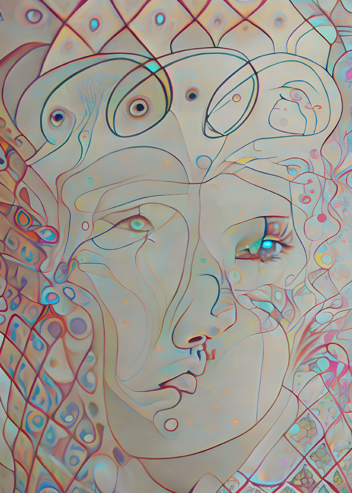 Colorful surreal face in abstract artwork with swirling patterns and bubbles