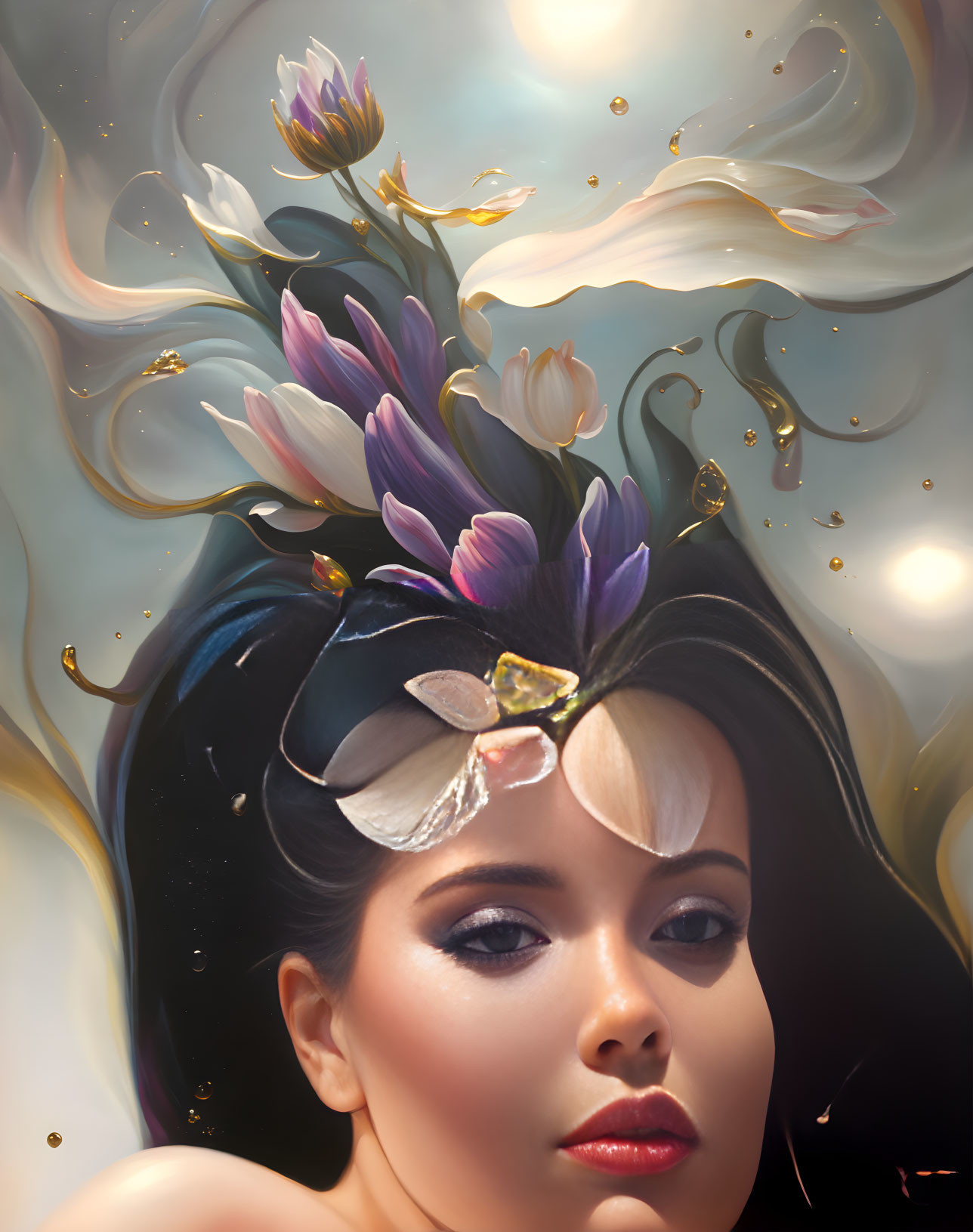 Stylized portrait of a woman with floral and ethereal elements in gold accents