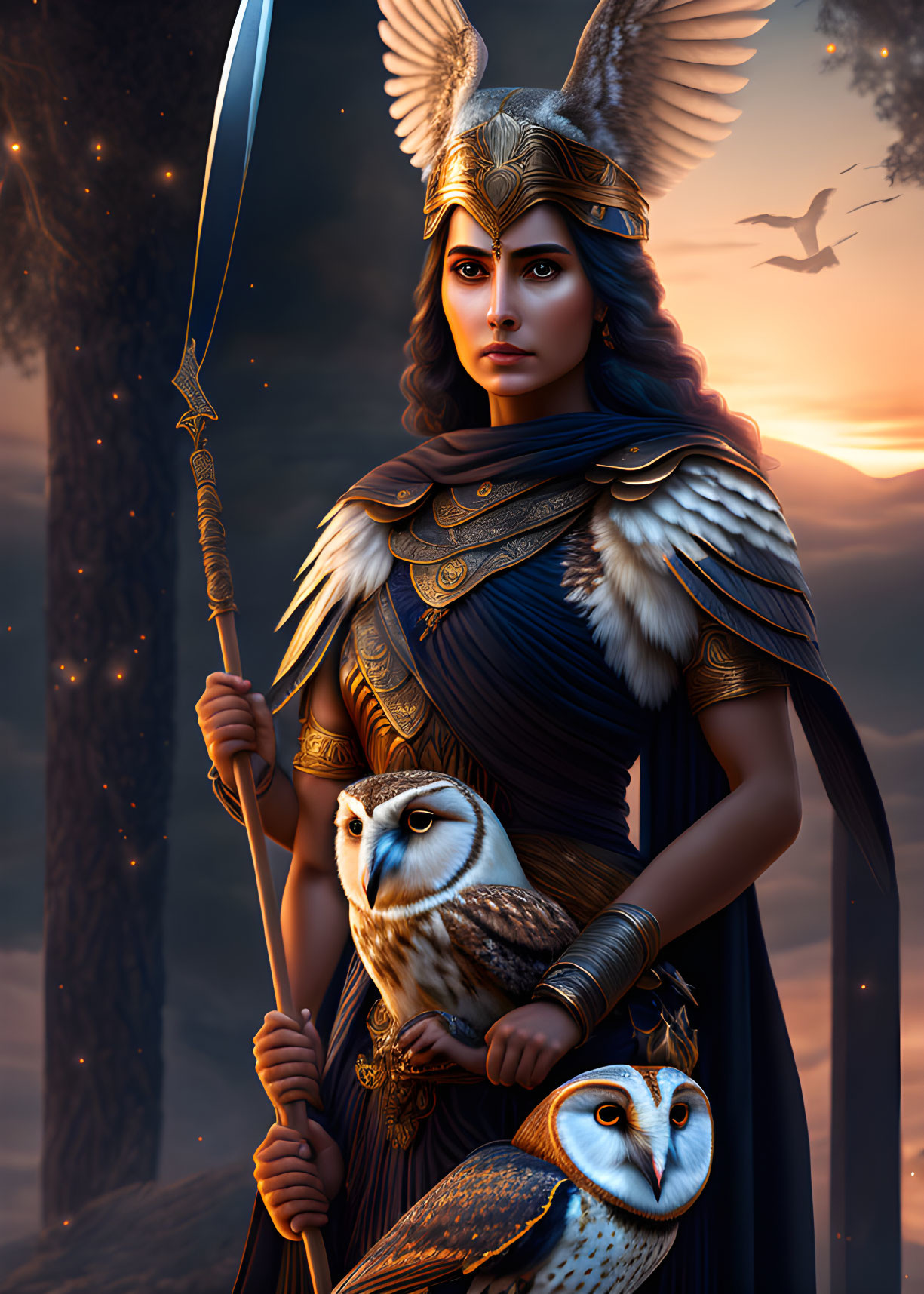 Regal woman in ornate armor with spear, owls, sunset, and birds.