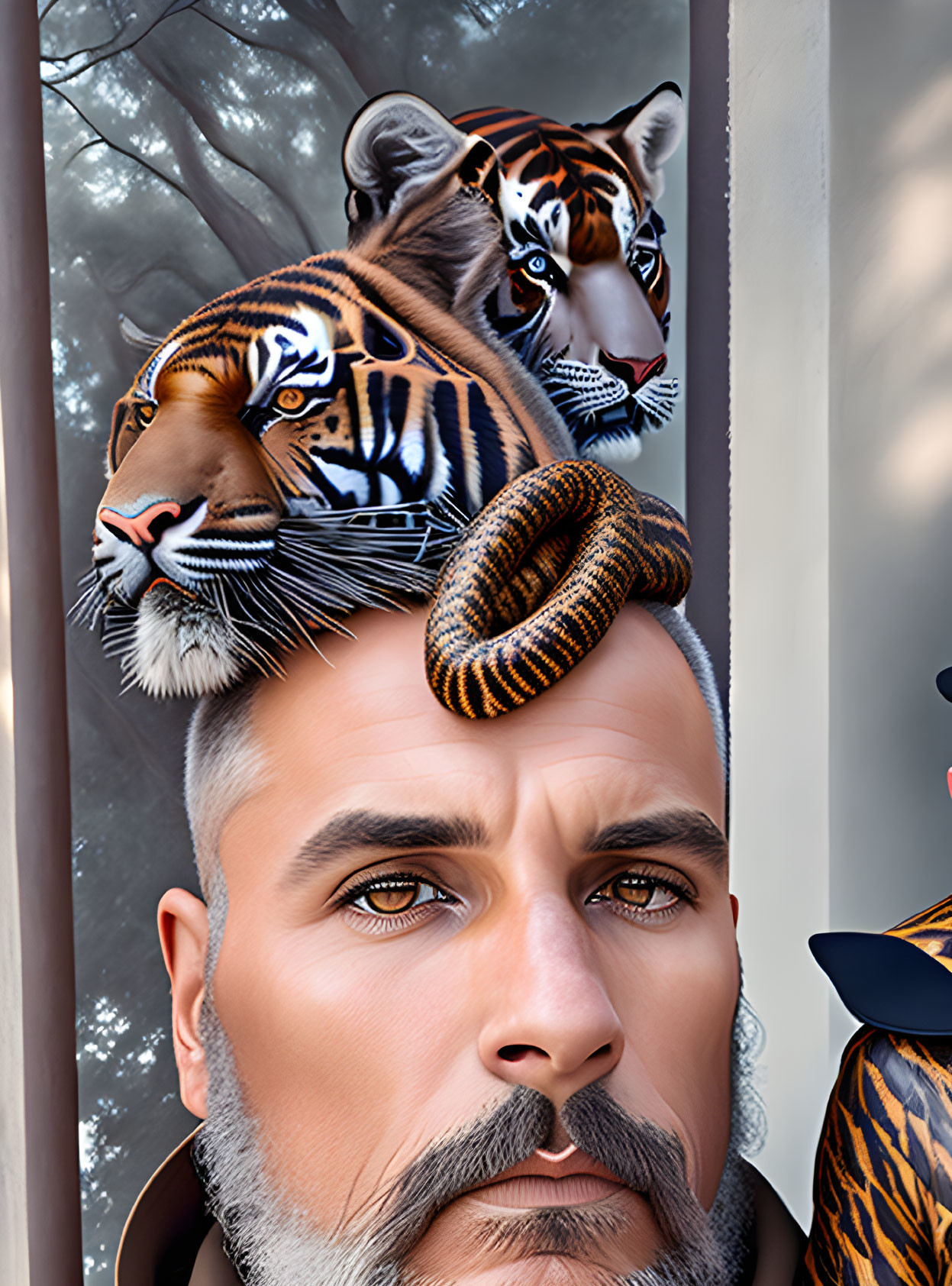 Man's portrait blended with tiger elements: face and tail.