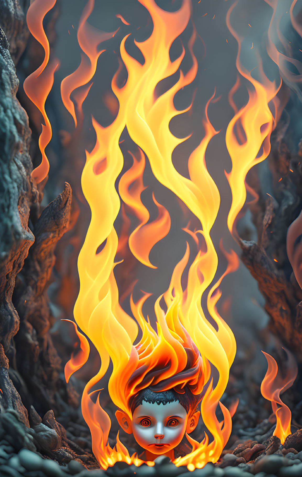 Surreal illustration of child's fiery orange hair amid infernos