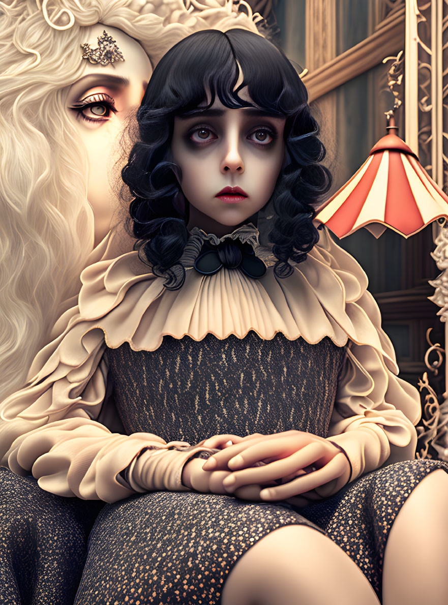 Digital artwork featuring doll-like girl with dark hair and pale skin beside white creature in vintage setting