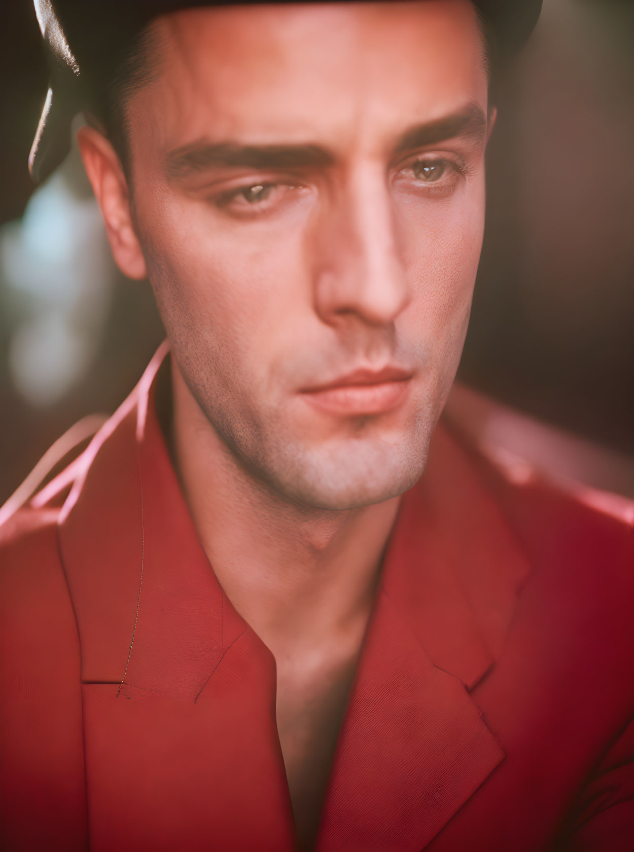 Serious man in dark beret and red shirt under warm lighting