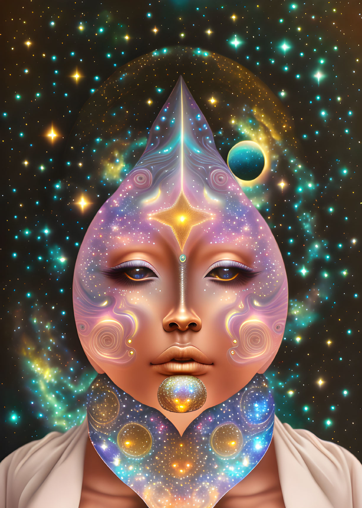 Cosmic surreal portrait with stars, planets, and nebula patterns