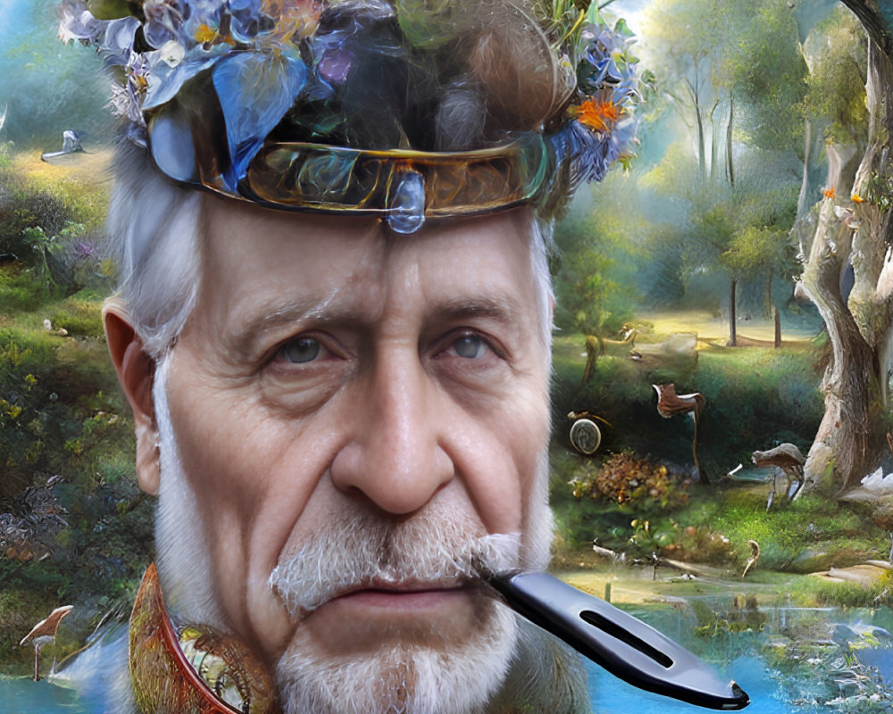 Portrait of man with floral headband in surreal nature scene