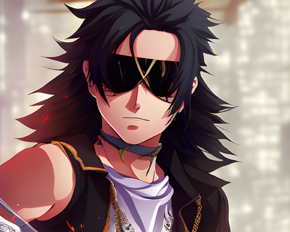 Anime-style male character with black hair and eye-patch holding a mechanical weapon against fiery backdrop