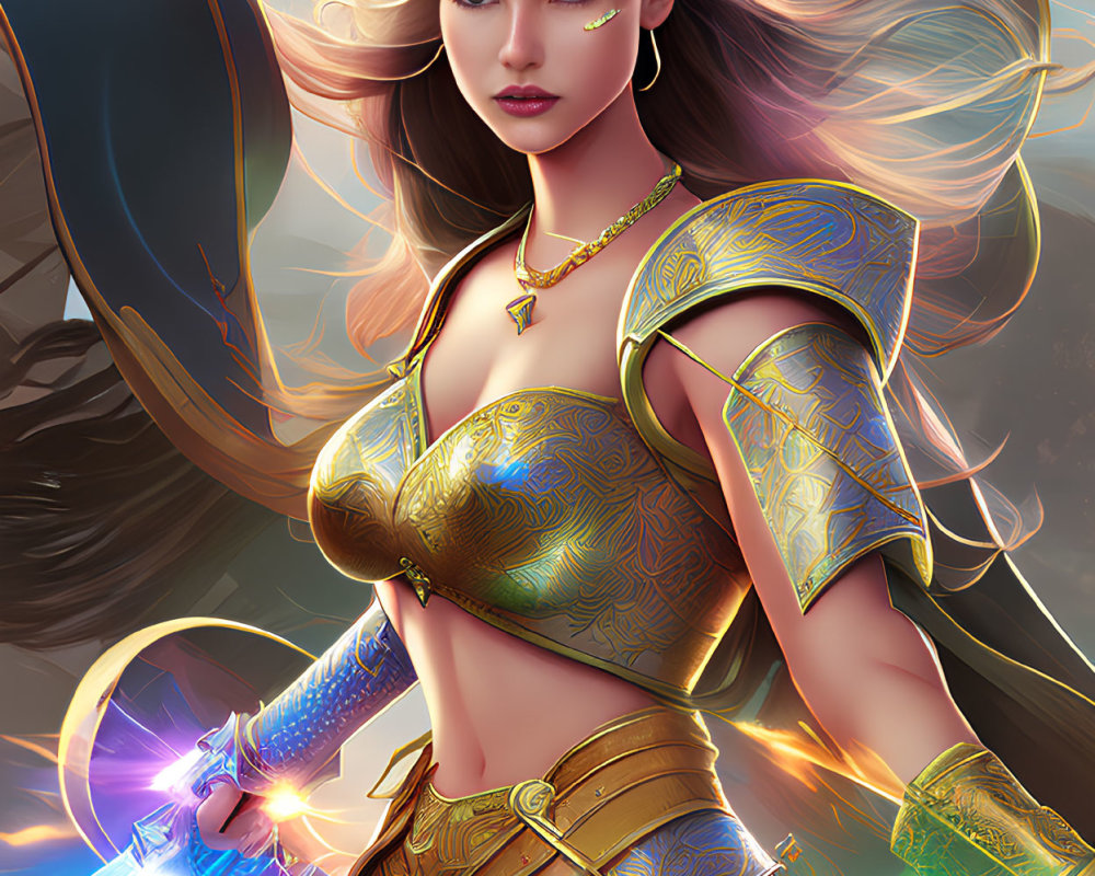 Fantasy warrior woman in golden armor with glowing sword against dramatic sky.