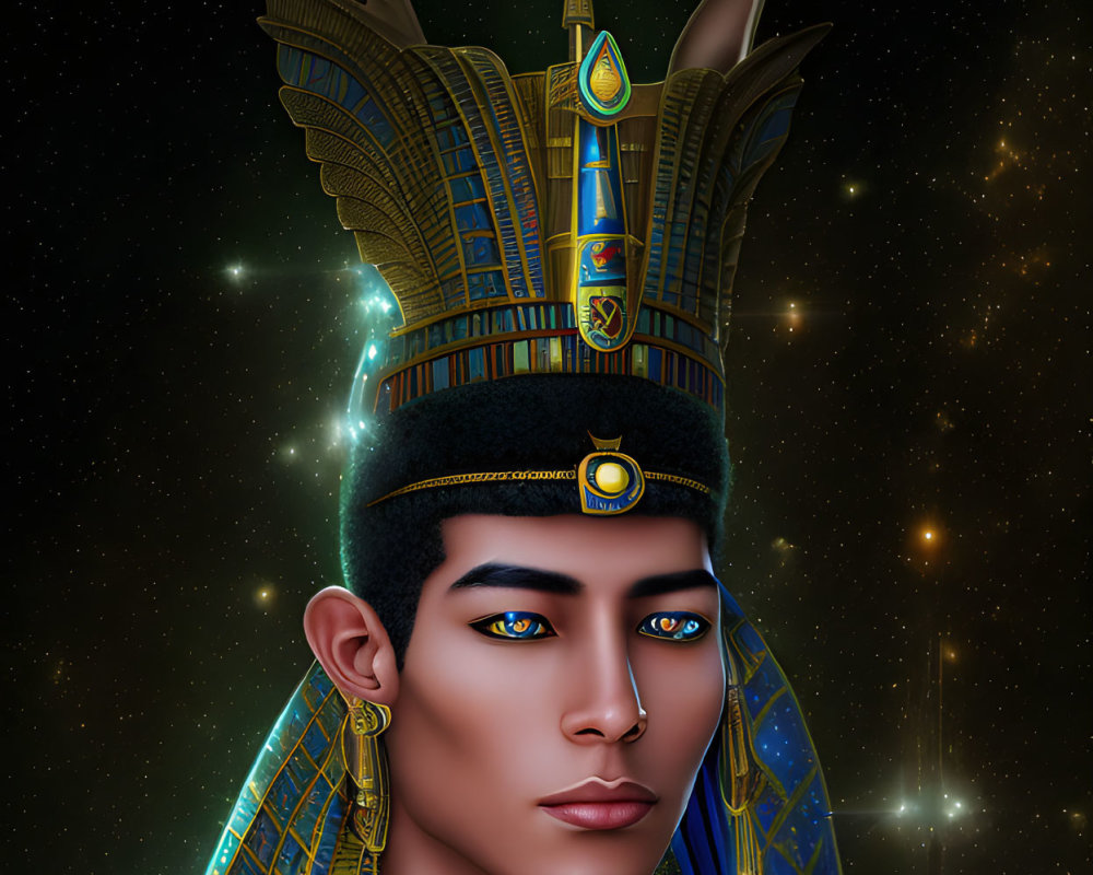 Digital portrait of a person in Egyptian pharaoh headdress against star-lit backdrop