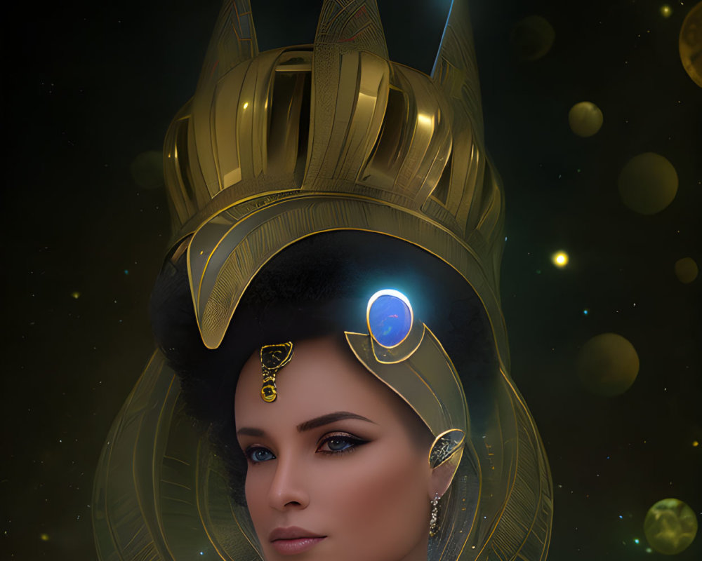 Woman portrait with ornate golden crown and cosmic designs on starry background.