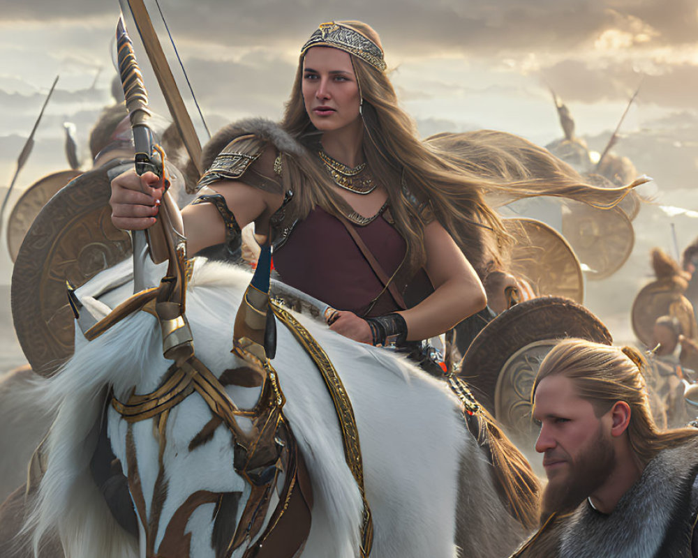 Regal woman on white horse with spear and crown, accompanied by male warrior