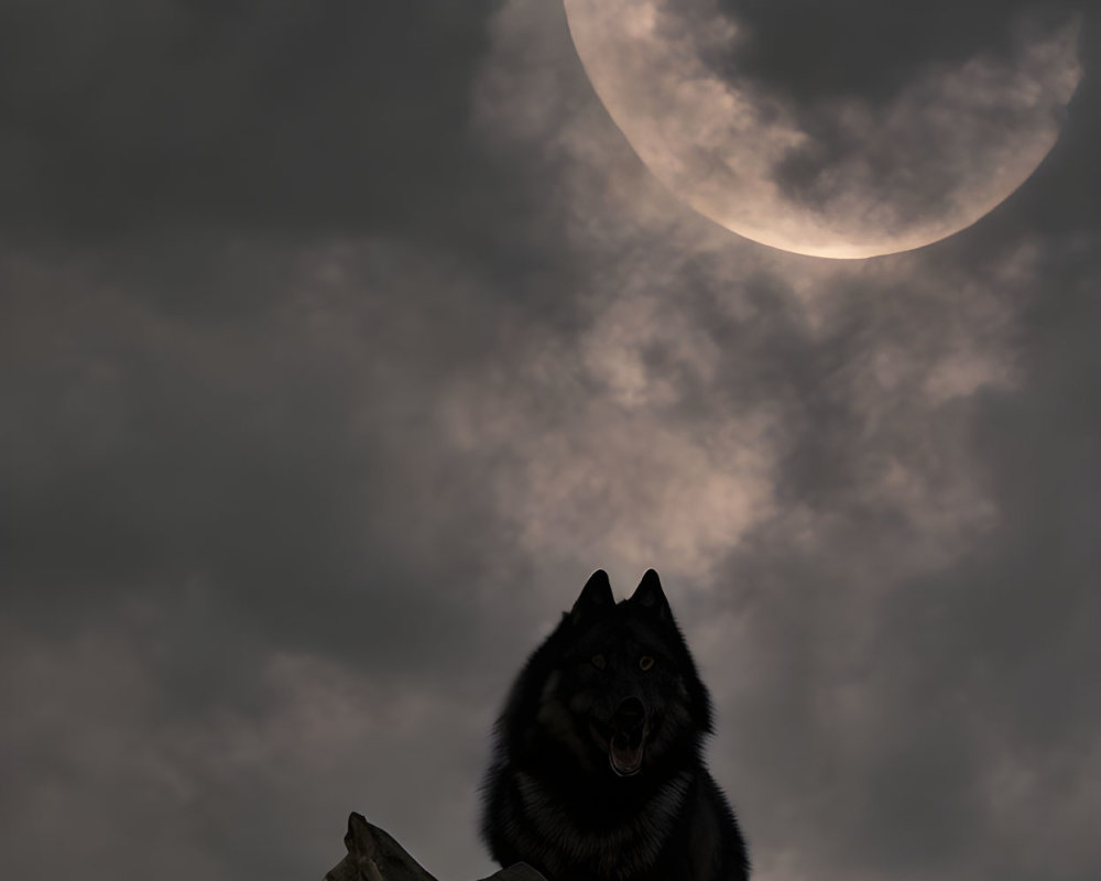 Black Wolf Howling on Rock Under Crescent Moon Sky