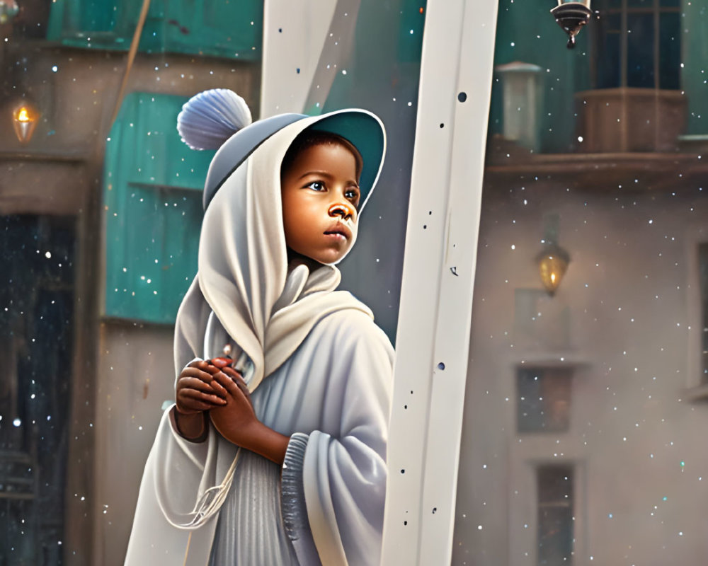 Child in Bear Hoodie Contemplates Snowy Street