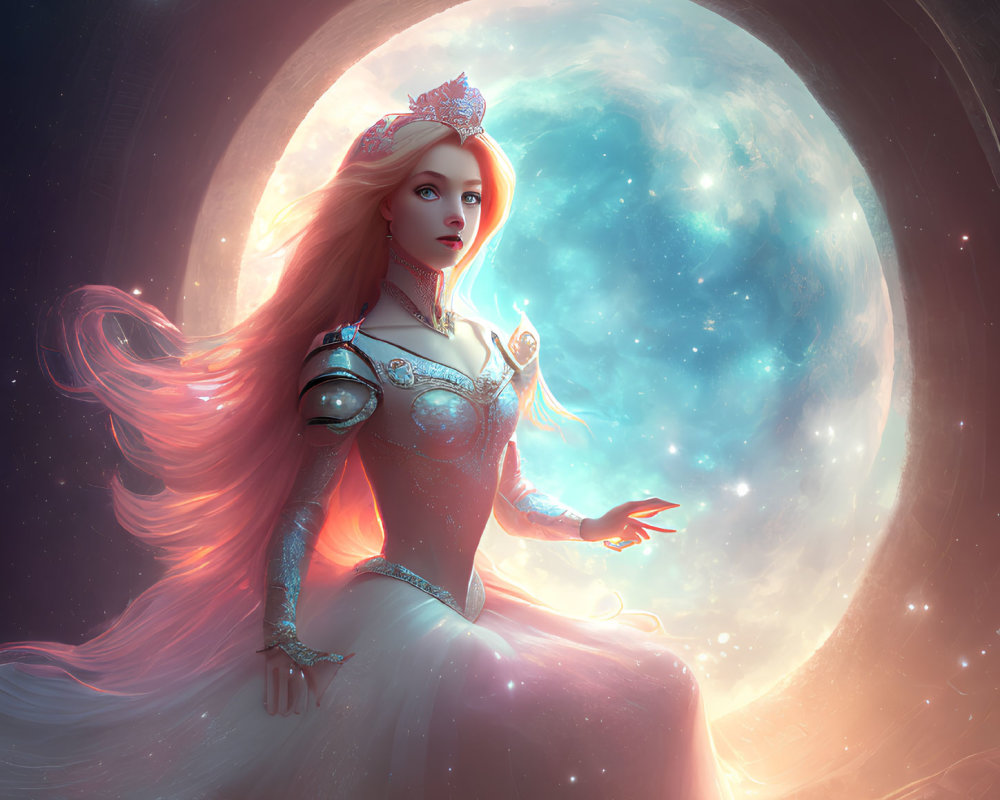 Cosmic fairytale princess with flowing hair and glowing halo in front of vivid blue planet