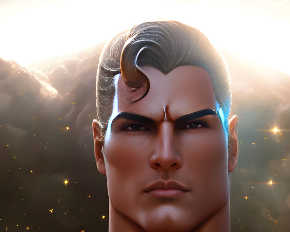 Male character portrait against dramatic sky with lightning and glowing particles