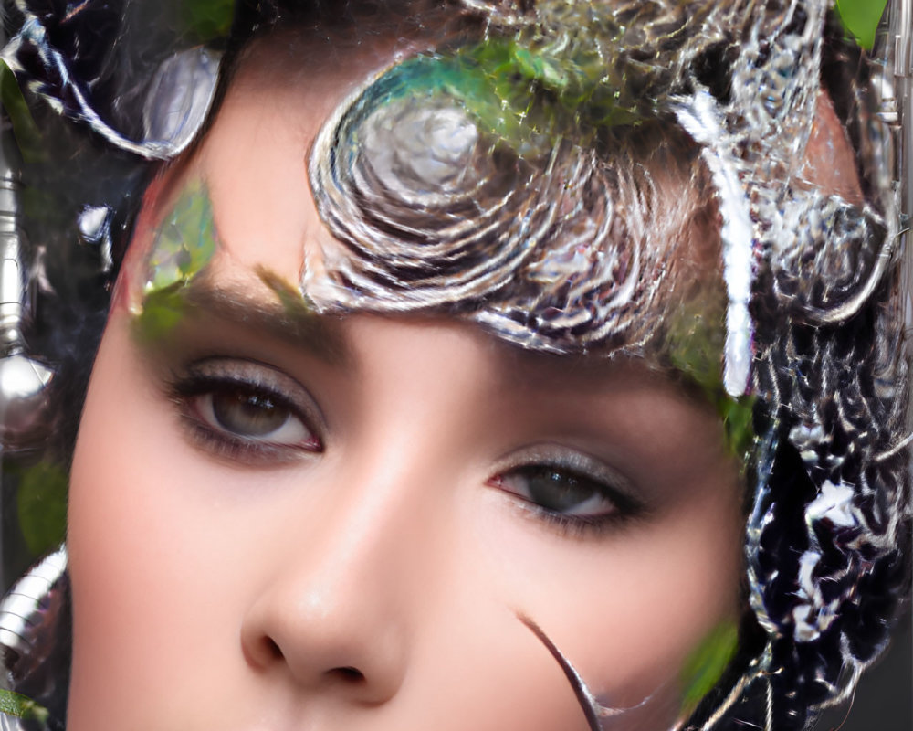 Detailed Close-Up of Woman with Artistic Floral and Water Makeup