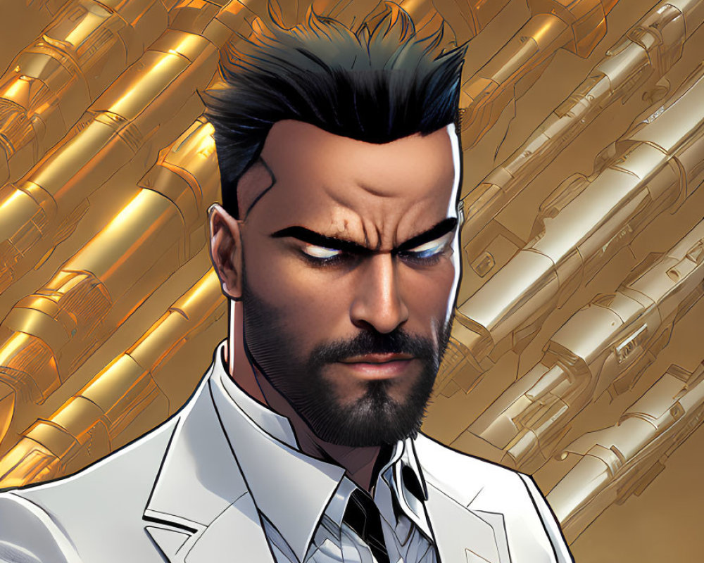 Bearded man in white suit on golden tech backdrop