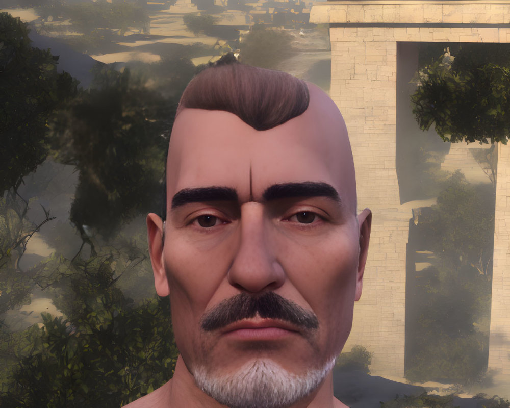 3D-rendered bald male figure with mustache and pyramids backdrop