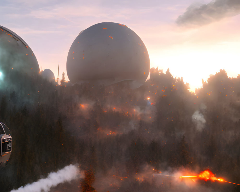 Futuristic domes in burning forest with descending fiery objects