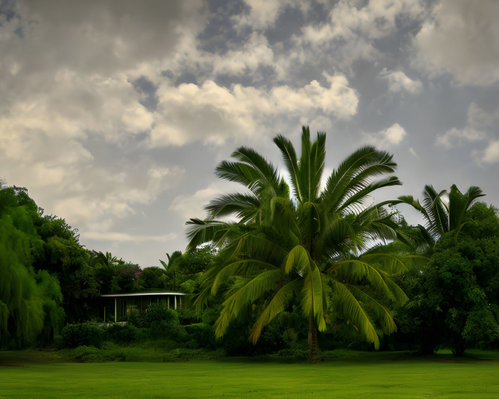 Tropical landscape with tall palm tree under moody sky and lush green foliage